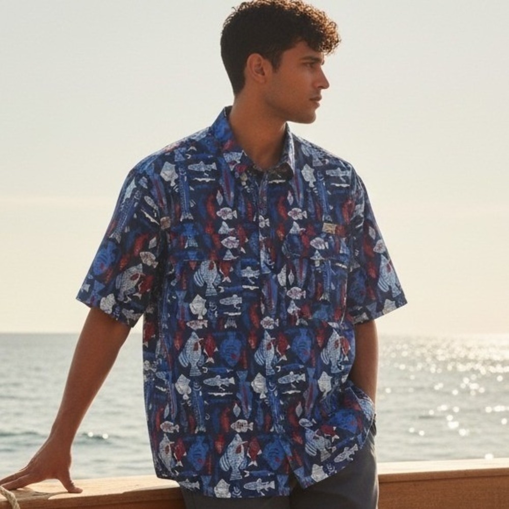 Ocean Coast Mens 2X Fishing Shirt Blue Red Fish Print Short Sleeve Button Down